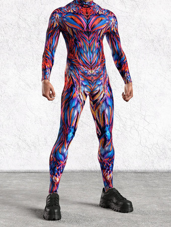 ブルー パターニング全身タイツ ハロウィン 大人用ハロウィン カラフル SF ジャンプスーツ サイバーパンク ボディスーツ バーニングマン 全身タイツ ホリデーパーティー モーフスーツ カップル レイブ衣装