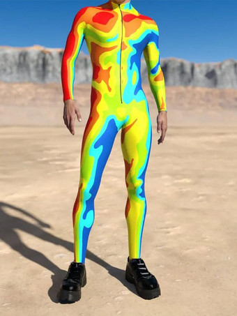 イエローパターニング全身タイツ ハロウィン 大人用ハロウィン カラフル SF ジャンプスーツ サイバーパンク ボディスーツ バーニングマン 全身タイツ ホリデーパーティー モーフスーツ カップル レイブ衣装