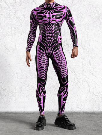 パープル パターニング全身タイツ ハロウィン メンズ 3Dプリント サイバージャンプスーツ パンク モーフスーツ ハロウィン ロボット コスプレ 全身タイツ ホリデーパーティー ボディスーツ レイブ サイクリング キャットスーツ