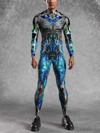 グリーン パターニング全身タイツ ハロウィン メンズ 3Dプリント サイバージャンプスーツ パンク モーフスーツ ハロウィン ロボット コスプレ 全身タイツ ホリデーパーティー ボディスーツ レイブ サイクリング キャットスーツ