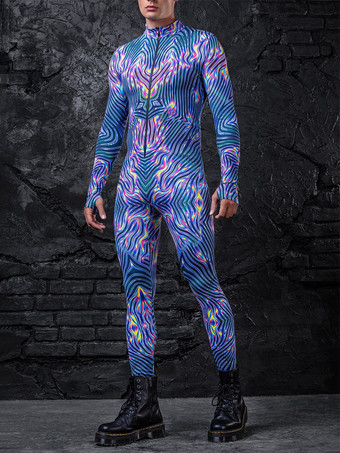 ブルー パターニング全身タイツ ハロウィン メンズ 3Dプリント サイバージャンプスーツ パンク モーフスーツ ハロウィン ロボット コスプレ 全身タイツ ホリデーパーティー ボディスーツ レイブ サイクリング キャットスーツ