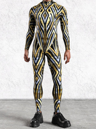 ゴールド パターニング全身タイツ ハロウィン メンズ 3Dプリント サイバージャンプスーツ パンク モーフスーツ ハロウィン ロボット コスプレ 全身タイツ ホリデーパーティー ボディスーツ レイブ サイクリング キャットスーツ