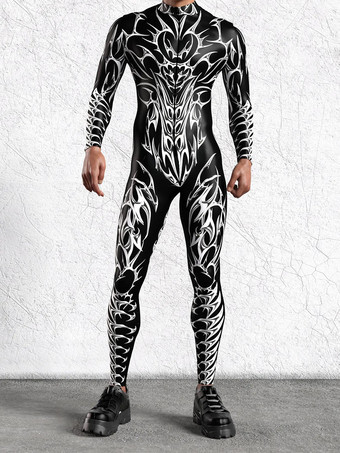 ブラック パターニング全身タイツ ハロウィン メンズ 3Dプリント サイバージャンプスーツ パンク モーフスーツ ハロウィン ロボット コスプレ 全身タイツ ホリデーパーティー ボディスーツ レイブ サイクリング キャットスーツ