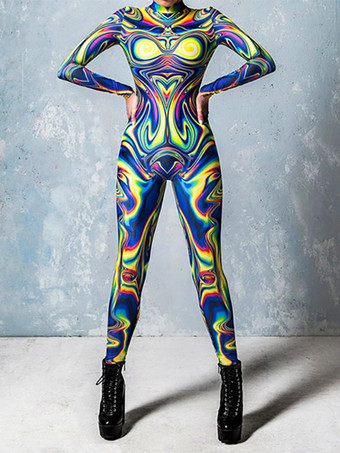 パターニング全身タイツ ハロウィン コスプレ衣装 女性 セクシースーツ カラーエレメント ブルー マッスル ハロウィン ボディスーツ 大人 ハイウエスト スポーツ ジャンプスーツ