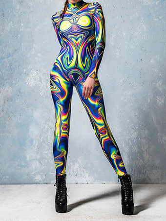 イエローパターニング全身タイツ ハロウィン コスプレ衣装 女性 セクシースーツ カラーエレメント ブルー マッスル ハロウィン ボディスーツ 大人 ハイウエスト スポーツ ジャンプスーツ