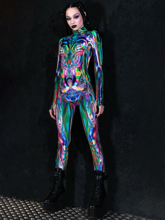 グリーン パターニング全身タイツ ハロウィン コスプレ衣装 女性 セクシースーツ カラーエレメント ブルー マッスル ハロウィン ボディスーツ 大人 ハイウエスト スポーツ ジャンプスーツ