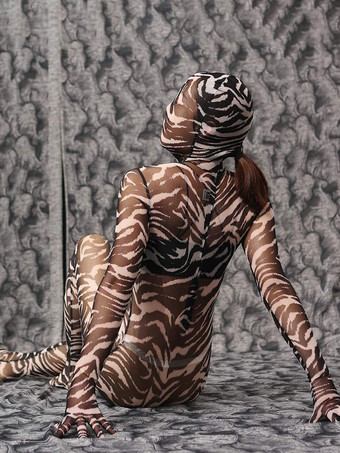 ゼブラ ヒョウ柄 迷彩柄 メッシュ キャットスーツ セパレートフィンガー ボディストッキング フード付き ボディスーツ タイト 透明 レオタード 結合 ランジェリー