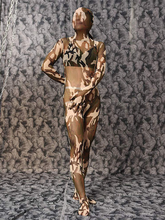 ブラウンゼブラ ヒョウ柄 迷彩柄 メッシュ キャットスーツ セパレートフィンガー ボディストッキング フード付き ボディスーツ タイト 透明 レオタード 結合 ランジェリー