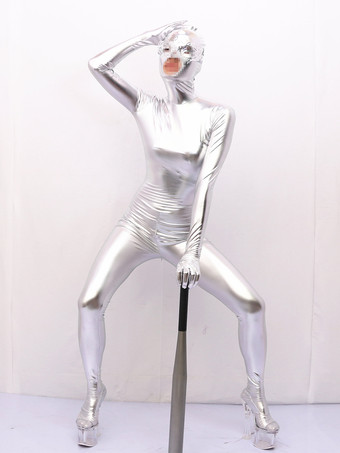 シルバー ユニセックス フェイクラテックス メタリック ボディスーツ 大人用 全身タイツ 肌にぴったりフィット ボディスーツ 全身タイツ コスチューム 全身 つま先閉じ 極薄 パンスト ボディストッキング 下着