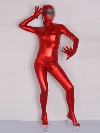 レッド ユニセックス フェイクラテックス メタリック ボディスーツ 大人用 全身タイツ 肌にぴったりフィット ボディスーツ 全身タイツ コスチューム 全身 つま先閉じ 極薄 パンスト ボディストッキング 下着