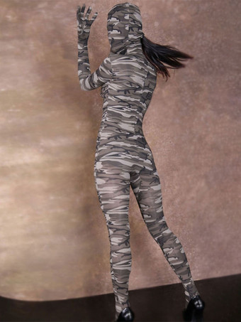 カモフラージ全身タイツ ハロウィン 女性用セクシーナイロンシアーカモフラージュフルボディスーツキャットスーツ全身タイツユニタード