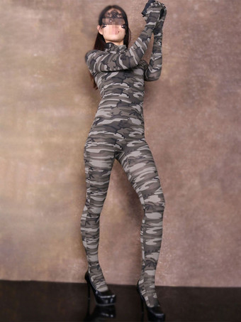 ハンターグリーン カモフラージ全身タイツ ハロウィン 女性用セクシーナイロンシアーカモフラージュフルボディスーツキャットスーツ全身タイツユニタード