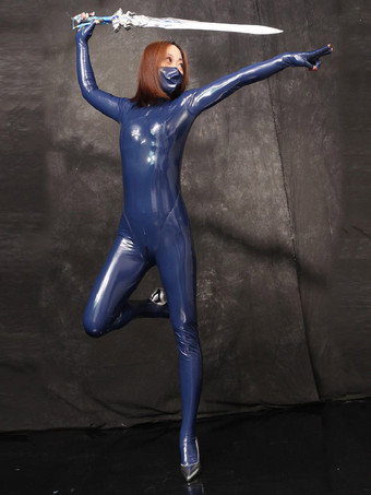 ダークネイビーレディース セクシー フェイクレザー メタリック ウェットルック キャットスーツ ジッパー クロッチ ボディスーツ ジャンプスーツ オープンフィンガー グローブ付き