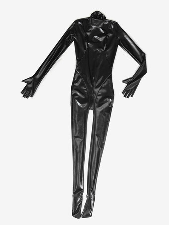 ブラック レディース セクシー フェイクレザー メタリック ウェットルック キャットスーツ ジッパー クロッチ ボディスーツ ジャンプスーツ オープンフィンガー グローブ付き