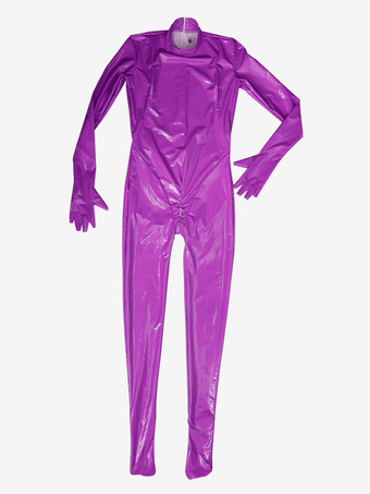 パープル レディース セクシー フェイクレザー メタリック ウェットルック キャットスーツ ジッパー クロッチ ボディスーツ ジャンプスーツ オープンフィンガー グローブ付き