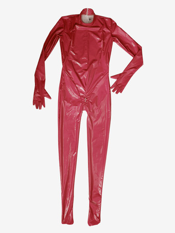 レディース セクシー フェイクレザー メタリック ウェットルック キャットスーツ ジッパー クロッチ ボディスーツ ジャンプスーツ オープンフィンガー グローブ付き