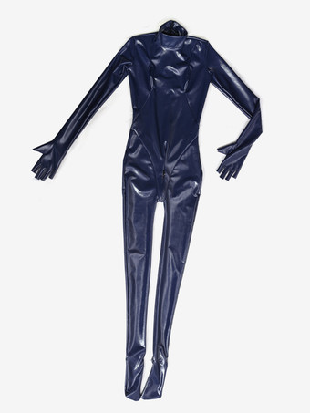 レディース セクシー フェイクレザー メタリック ウェットルック キャットスーツ ジッパー クロッチ ボディスーツ ジャンプスーツ オープンフィンガー グローブ付き