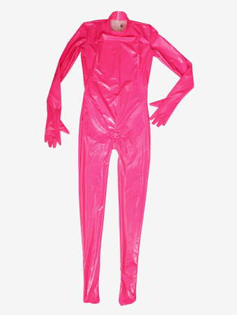 ピンクレディース セクシー フェイクレザー メタリック ウェットルック キャットスーツ ジッパー クロッチ ボディスーツ ジャンプスーツ オープンフィンガー グローブ付き