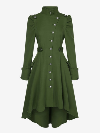 グリーン レディース ゴシック ジャケット ヴィンテージ、スチームパンク テールコート レディース ロング トレンチコート ダブルブレスト クラシック ラペル オーバーコート 秋アウター ベルト付き