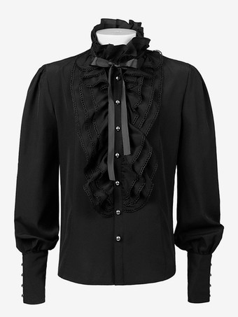 ブラック メンズ フリルシャツ ルネッサンスシャツ トップス スチームパンク ゴシック コスチューム カジュアル ボタンダウン 長袖シャツ