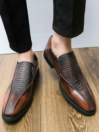 メンズ スリッポン ローファー クラシックレザープリント チャンキーローヒール ドレスペニーシューズ レトロ ポインテッドトゥ 快適 軽量 滑り止め ロートップ