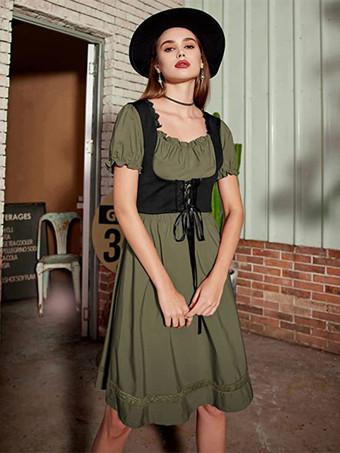 ダークグリーンレディース ヴィンテージドレス ルネッサンス スクエアネックドレス 半袖 Vバック Aラインドレス ルーシュ 気質 イブニングドレス