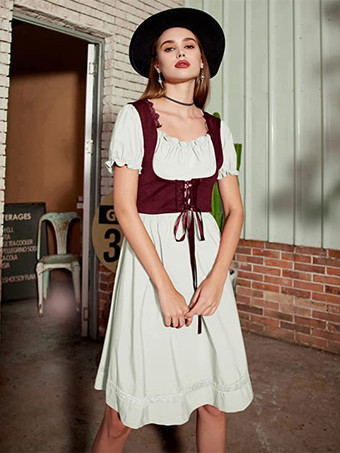 ホワイト レディース ヴィンテージドレス ルネッサンス スクエアネックドレス 半袖 Vバック Aラインドレス ルーシュ 気質 イブニングドレス