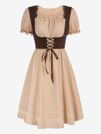 アイボリー レディース ヴィンテージドレス ルネッサンス スクエアネックドレス 半袖 Vバック Aラインドレス ルーシュ 気質 イブニングドレス