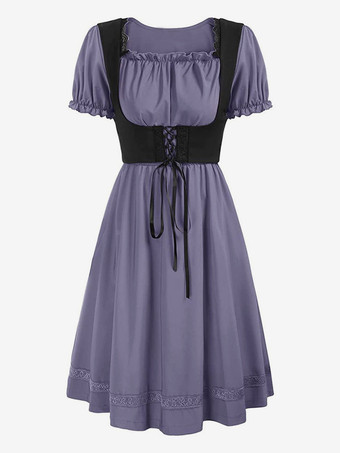 パープル レディース ヴィンテージドレス ルネッサンス スクエアネックドレス 半袖 Vバック Aラインドレス ルーシュ 気質 イブニングドレス