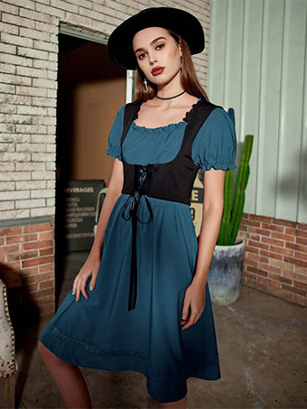 ブルー レディース ヴィンテージドレス ルネッサンス スクエアネックドレス 半袖 Vバック Aラインドレス ルーシュ 気質 イブニングドレス