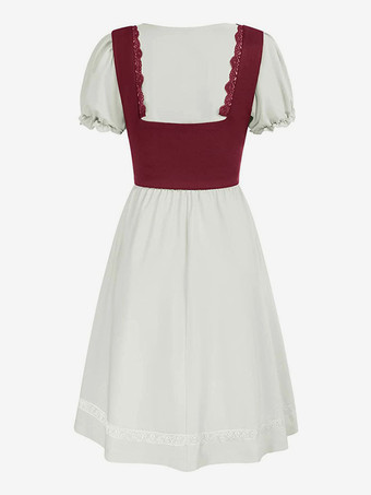 レディース ヴィンテージドレス ルネッサンス スクエアネックドレス 半袖 Vバック Aラインドレス ルーシュ 気質 イブニングドレス