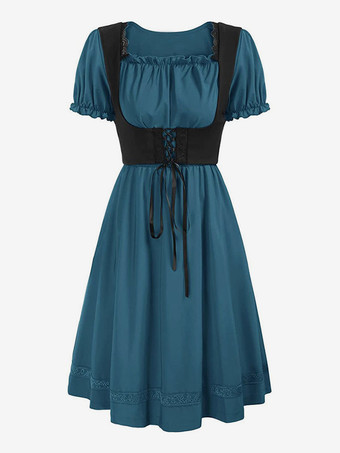 レディース ヴィンテージドレス ルネッサンス スクエアネックドレス 半袖 Vバック Aラインドレス ルーシュ 気質 イブニングドレス