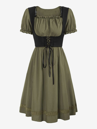 レディース ヴィンテージドレス ルネッサンス スクエアネックドレス 半袖 Vバック Aラインドレス ルーシュ 気質 イブニングドレス