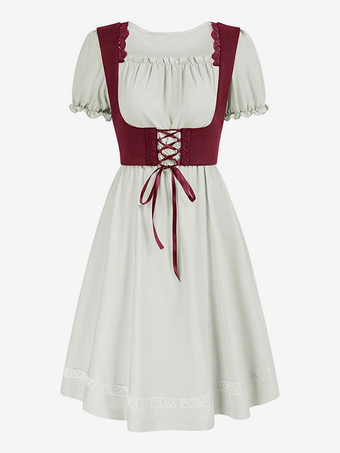 レディース ヴィンテージドレス ルネッサンス スクエアネックドレス 半袖 Vバック Aラインドレス ルーシュ 気質 イブニングドレス