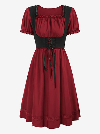 ワインレッド レディース ヴィンテージドレス ルネッサンス スクエアネックドレス 半袖 Vバック Aラインドレス ルーシュ 気質 イブニングドレス