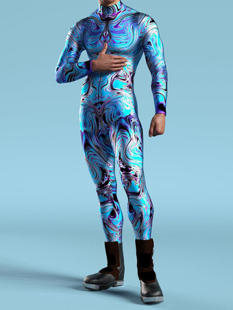 ライトスカイブルーパターニング全身タイツ ハロウィン 大人用男性用ジッパーキャットスーツマシン3Dプリントジャンプスーツゲームパーティー全身タイツスーツ男性コスプレボディスーツレイブフェスティバルロボットコスチューム