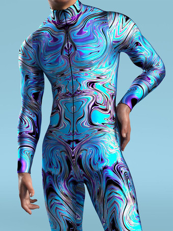 パターニング全身タイツ ハロウィン 大人用男性用ジッパーキャットスーツマシン3Dプリントジャンプスーツゲームパーティー全身タイツスーツ男性コスプレボディスーツレイブフェスティバルロボットコスチューム