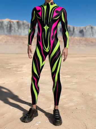 ローズレッドパターニング全身タイツ ハロウィン 大人用男性用ジッパーキャットスーツマシン3Dプリントジャンプスーツゲームパーティー全身タイツスーツ男性コスプレボディスーツレイブフェスティバルロボットコスチューム