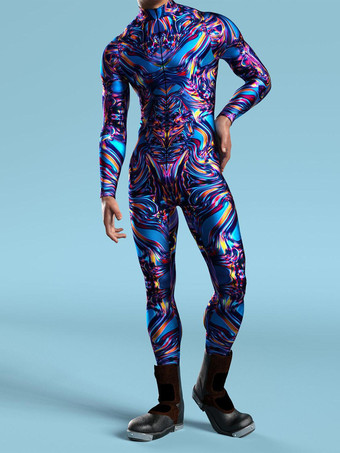 ブルー パターニング全身タイツ ハロウィン 大人用男性用ジッパーキャットスーツマシン3Dプリントジャンプスーツゲームパーティー全身タイツスーツ男性コスプレボディスーツレイブフェスティバルロボットコスチューム