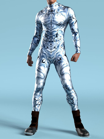 ライトスカイブルーパターニング全身タイツ ハロウィン 3Dプリント ジャンプスーツ ロボット ボディスーツ コスプレ衣装 スケルトン キャットスーツ 男性用 全身タイツ パーティー服 伸縮性 カーニバル ロンパース