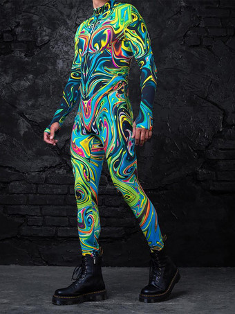 ライトグリーン パターニング全身タイツ ハロウィン メカニカルサイバーアーマー衣装ジャンプスーツコスプレパンクボディスーツスチームパンクコスチュームハロウィンパーティーショーメンズクールゼンタイスーツ