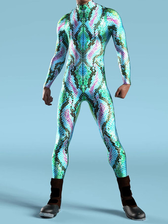 ライトスカイブルーパターニング全身タイツ ハロウィン メカニカルサイバーアーマー衣装ジャンプスーツコスプレパンクボディスーツスチームパンクコスチュームハロウィンパーティーショーメンズクールゼンタイスーツ