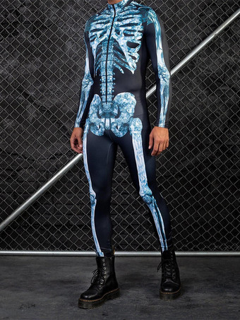 ディープブルーパターニング全身タイツ ハロウィン メカニカルサイバーアーマー衣装ジャンプスーツコスプレパンクボディスーツスチームパンクコスチュームハロウィンパーティーショーメンズクールゼンタイスーツ