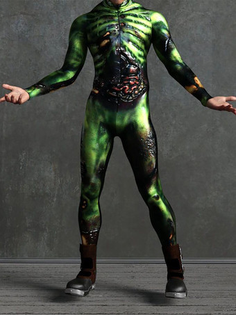 グリーン パターニング全身タイツ ハロウィン メカニカルサイバーアーマー衣装ジャンプスーツコスプレパンクボディスーツスチームパンクコスチュームハロウィンパーティーショーメンズクールゼンタイスーツ