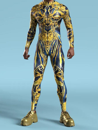 イエローパターニング全身タイツ ハロウィン メカニカルサイバーアーマー衣装ジャンプスーツコスプレパンクボディスーツスチームパンクコスチュームハロウィンパーティーショーメンズクールゼンタイスーツ
