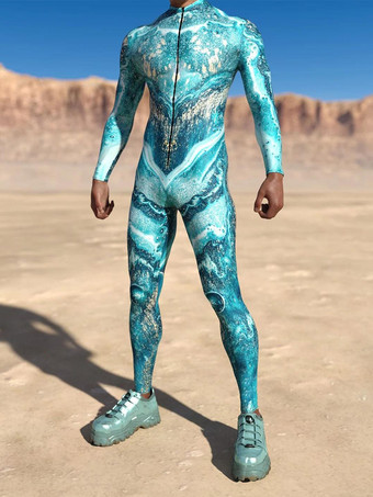 ライトスカイブルーパターニング全身タイツ ハロウィン メンズ レディース サイバーパンク マッスルジャンプスーツ 3D カラードローイング コスプレ ボディスーツ スチームパンク コスチューム ハロウィン パーティー ショー 全身タイツスーツ