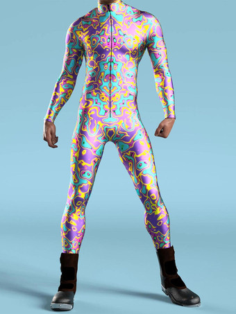 パープル パターニング全身タイツ ハロウィン メンズ レディース サイバーパンク マッスルジャンプスーツ 3D カラードローイング コスプレ ボディスーツ スチームパンク コスチューム ハロウィン パーティー ショー 全身タイツスーツ
