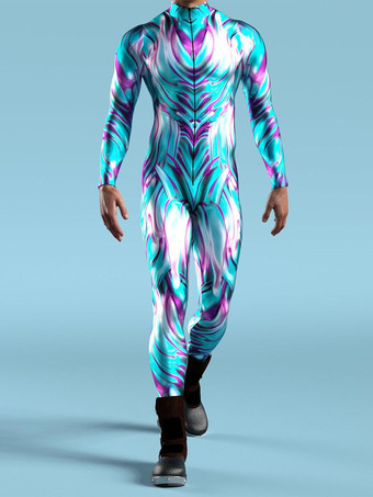 ブルー パターニング全身タイツ ハロウィン メンズ レディース サイバーパンク マッスルジャンプスーツ 3D カラードローイング コスプレ ボディスーツ スチームパンク コスチューム ハロウィン パーティー ショー 全身タイツスーツ