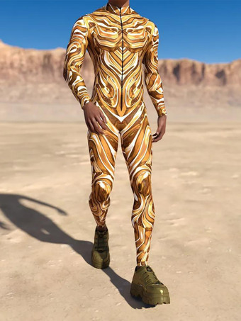 イエローパターニング全身タイツ ハロウィン メンズ レディース サイバーパンク マッスルジャンプスーツ 3D カラードローイング コスプレ ボディスーツ スチームパンク コスチューム ハロウィン パーティー ショー 全身タイツスーツ