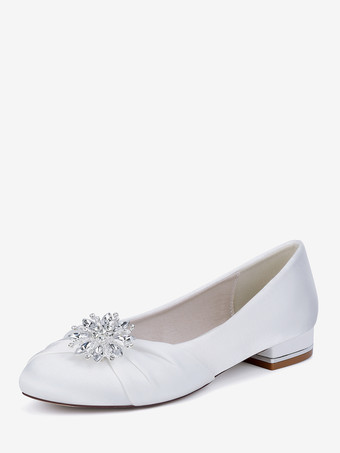 blanco Zapatos de boda de satén con punta redonda y diamantes de imitación planos para invitadas de boda